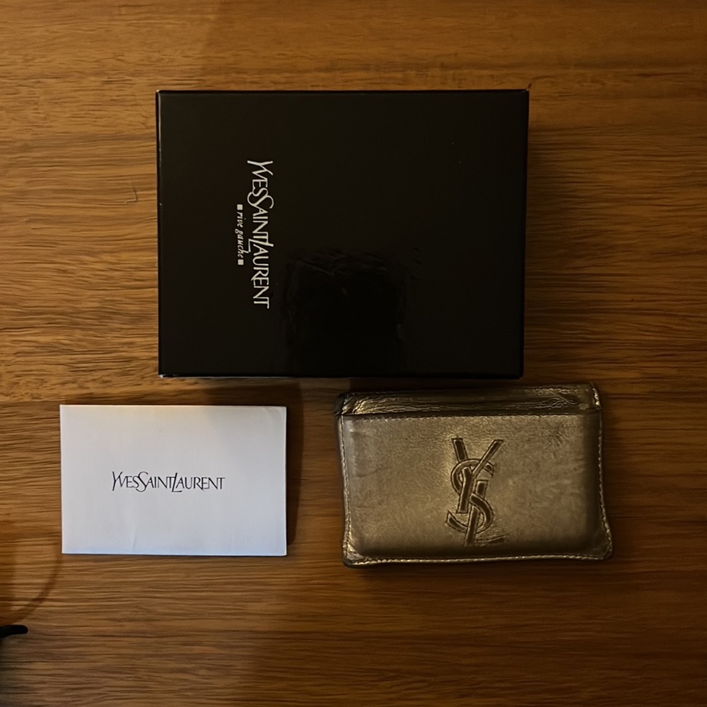 Authentic Yves Saint Laurent credit card holder in metallic silver